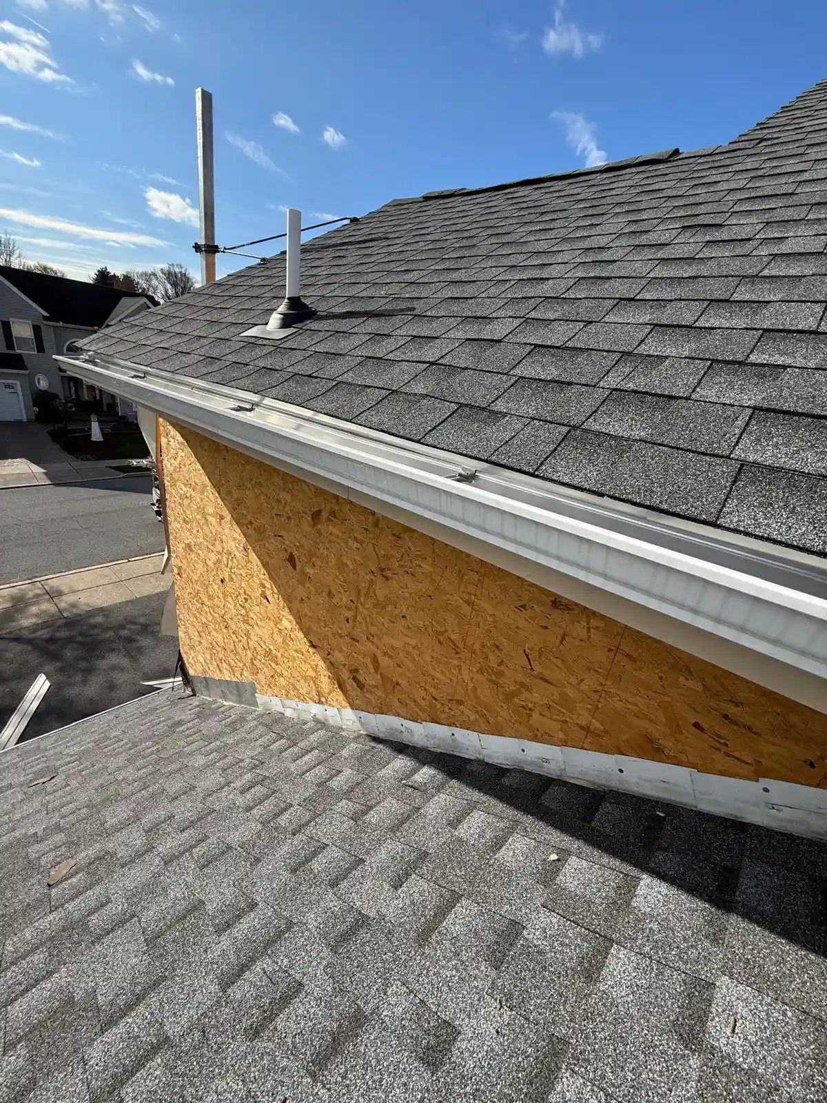 New asphalt shingle roof and gutters after installation in Reading Pennsylvania